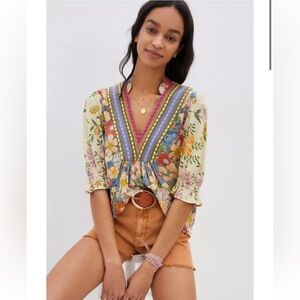 💓Anthropologie Bl-nk London V-neck Stephanie Top in Blue Motif - Size XL